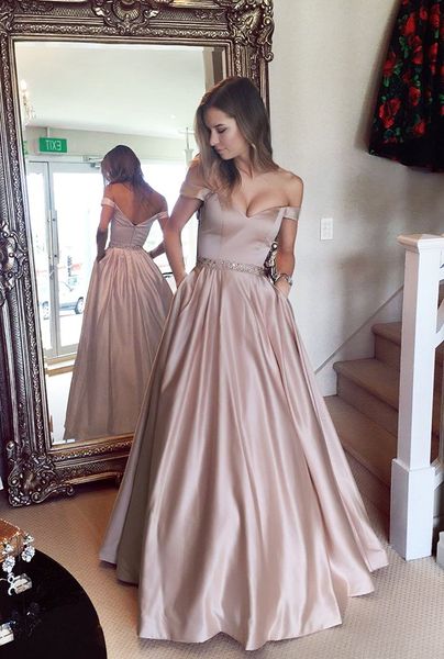 

off the shoulder blush pink evening gowns beaded sash satin long backless runway formal prom dresses royal blue burgundy custom made, Black;red