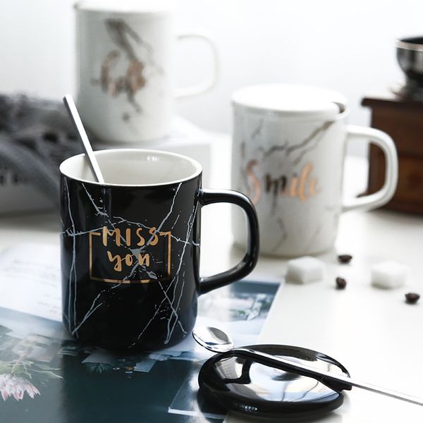 

400ml simple marbled high temperature resistance ceramic cup ins black and white mug drinkware office coffee cup with lid spoon