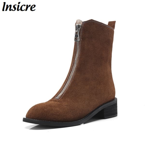 

insicre new women boots cow suede ankle boots autumn winter women round toe square heels plus size 34-40, Black