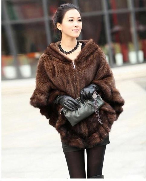 

fashion women fur shawl winter knitted real mink fur stole with fur hood knitted mink poncho pashmina ing, Black