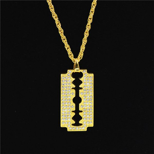 

5pcs hip hop style razor blade pendant necklace alloy gold color iced out rhinestones with 70cm chain necklace for men christmas gift, Silver