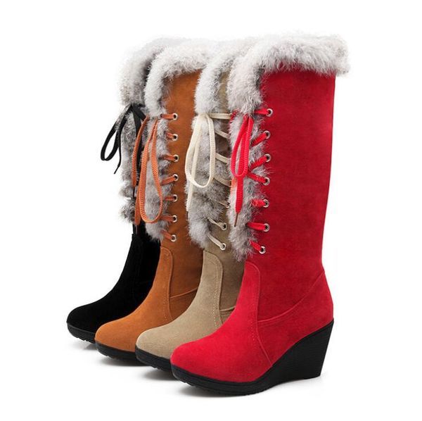

new winter women wedges mid-calf boots suede leather round toe sweet lace-up fur plush snow boots shoes for woman adf-7772, Black