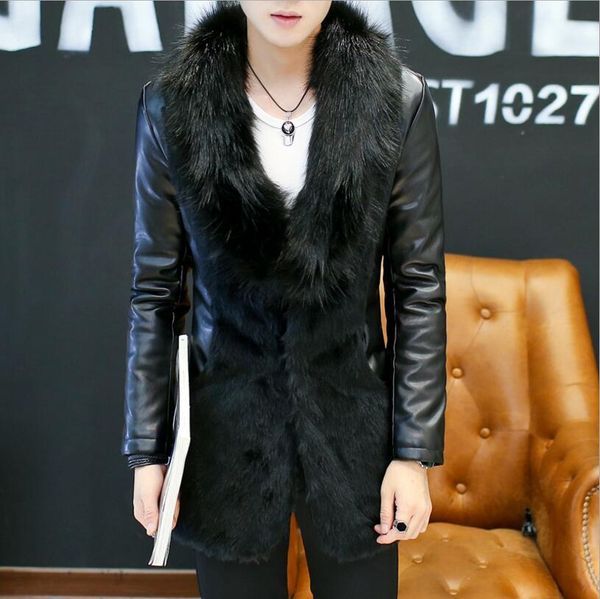 

2018 men clothing hair stylist gd fashion imitated mink hair medium length thickened fur coat leather jacket singer costumes, Black