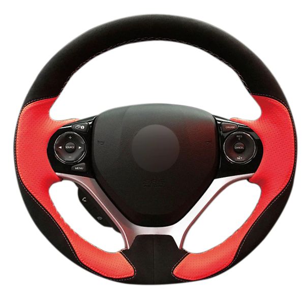 

red genuine leather black suede hand-stitched car steering wheel cover for honda civic civic 9 2012 2013 2014 2015