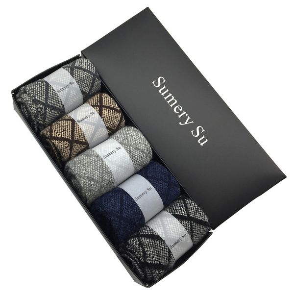 

5 pairs/lot wool socks men winter cashmere breathable casual socks meias men male rhombus pattern gift sale, Black