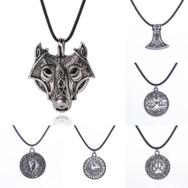 

Norse Viking Amulet Necklace Ancient Silver Wolf head Bear paw tree of Life War Horse Pendant Leather rope Chain For Men s Jewelry