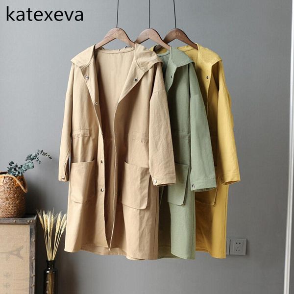

katexeva 2018 autumn new windbreaker korean hooded single breasted loose casual thin section in the long coat windbreaker women, Tan;black