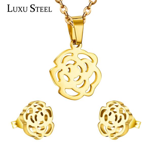 

luxusteel fashion necklace earring sets stainless steel gold silver rose color flower pendant with 45cm chain necklaces