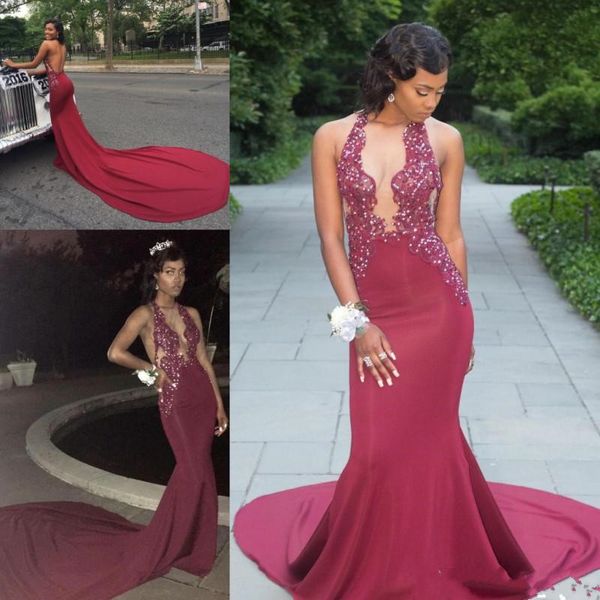 

2018 Hot Sell Sexy Plunging Burgundy V Neck Mermaid Prom Dresses Halter Neck Appliques Beaded Black Girls Sweep TrainEvening Gowns