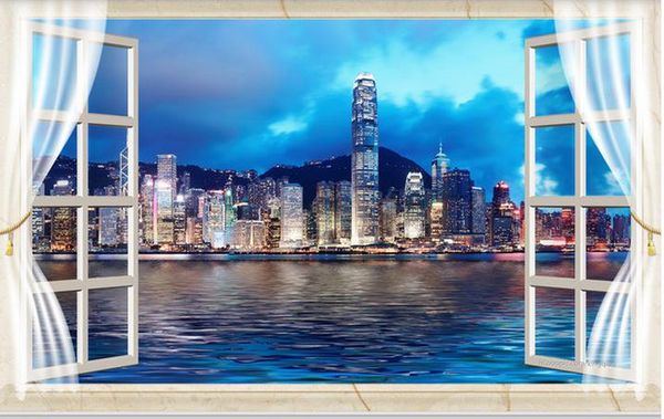 Benutzerdefinierte Fototapete 3D-Stereo-Fenster, Hongkong-Stadtnachtansicht, 3D-TV-Hintergrund, Wandkunst-Wandbild für Wohnzimmer, großes Gemälde, Heimdekoration