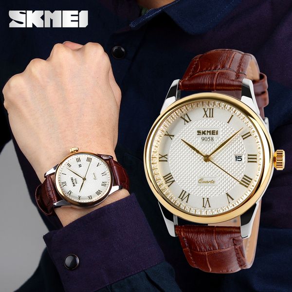 

skmei fashion men 30m waterproof dress watch british style business casual watches quartz date display sports wristwatches 9058, Slivery;brown