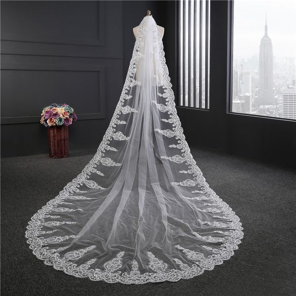 

2018 new long white ivory wedding veil appliques lace beaded bridal veils bride wedding accessories for wedding dresses qc1217, Black