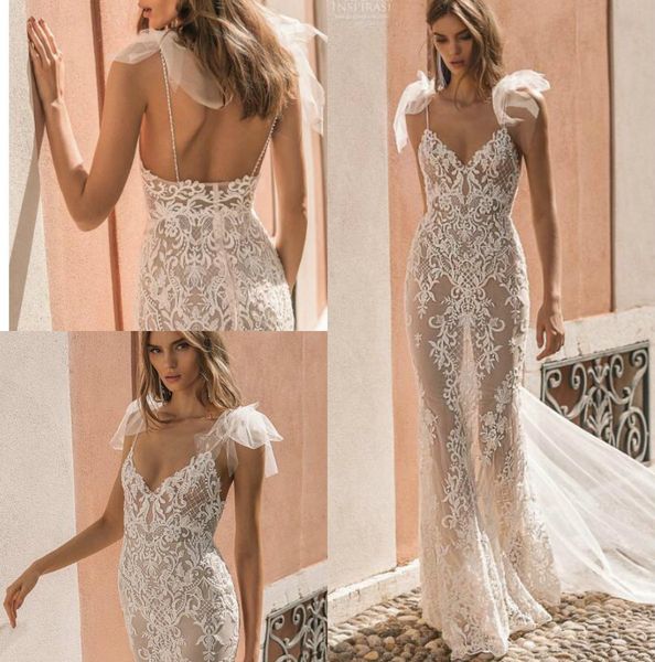 

berta privée 2019 русалка свадебные платья спагетти спинки иллюзия кружева свадебные платья see through boho beach свадебное платье простой, White