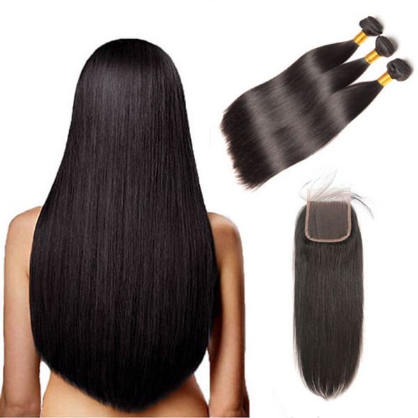 

peruvian straight hair bundles weave 3pce/lot with 4*4 lace closure natural color 100% remy human hair extension, Black