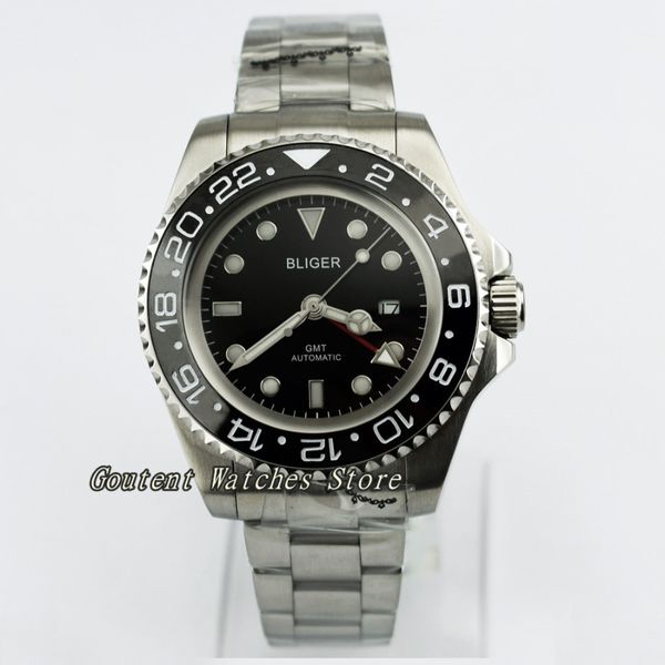 

43mm bliger date ceramic bezel ss. case black dial steel red gmt automatic men's watch, Slivery;brown
