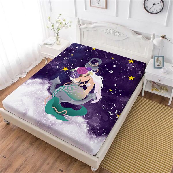 

blue ocean wave print bed sheet cartoon mermaid fitted sheet anchor flowers print bedclothes mattress cover home decor