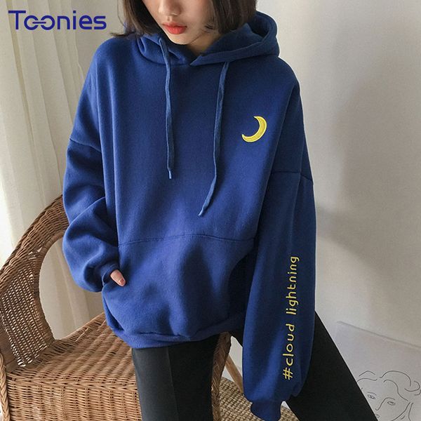 

spring women brand sweatshirts kawaii hooded hoody pullovers sun moon cloud embroidered cute thick harajuku hoodies fleece, Black