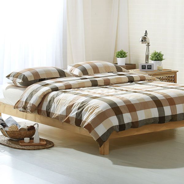 Simple Brown Light Tan Stripes White Plaids Linens Duvet Cover Set