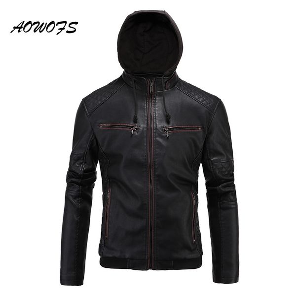 

оптовая продажа-aowofs мода с капюшоном мужские зимние кожаные куртки slim fit стеганые мото куртки пальто флис лайнер pu кожаная куртка с к, Black