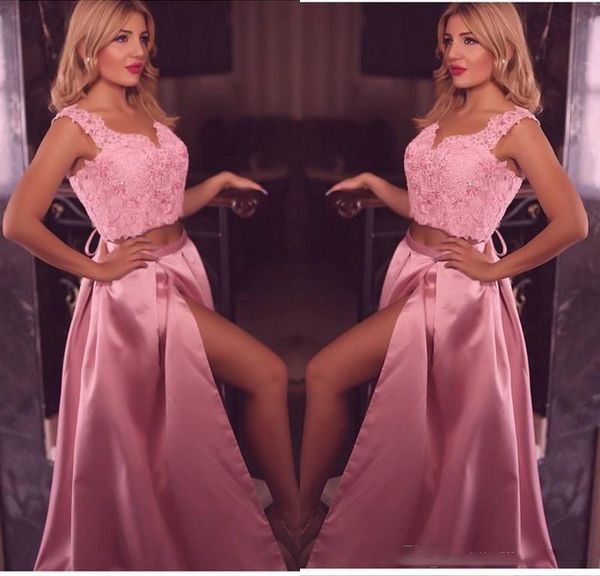 Rosa Longo Vestidos de Baile de Renda Duas Peças Bainha Vestidos de Noite Até O Chão Dividir Formal Mulheres Ocasião Especial Prom Party Dress Online