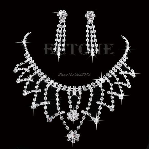 

luxury women jewelry set wedding bride bridesmaid crystal rhinestone necklace earring prom jewellery sets-w128 ship, Silver