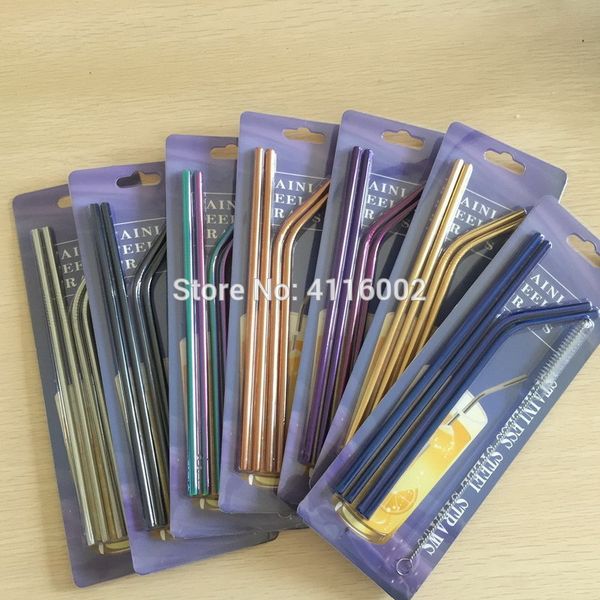

4pcs/pack colorful stainless steel drinking straws straight and bent reusable filter with brush diy coffee tools retail pack