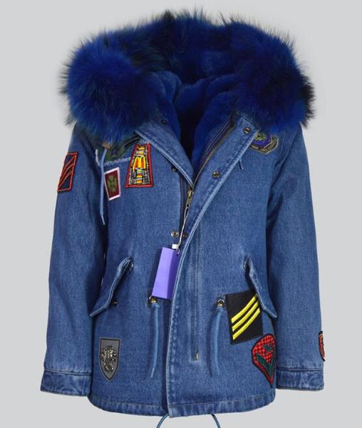 

meifeng brand 2018 new arrival blue raccoon fur trim blue rabbit fur lining demin blue appliques mini parkas women warm coats, Black