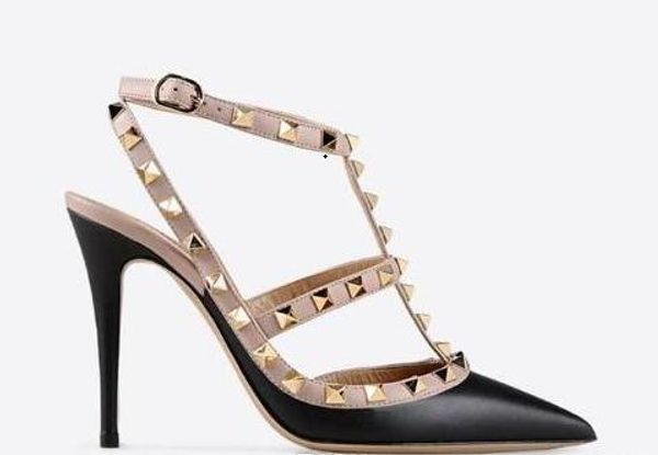 

esigner pointed toe 2-strap with studs high heels patent leather rivets sandals women studded strappy dress shoes valentine high heel shoes, Black