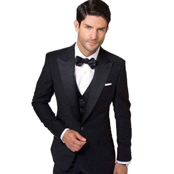

retro black men suits 2018 wedding italian groom tuxedos satin peaked lapel 3 pieces man blazers jacket pants vest groomsmen suits, Black;gray