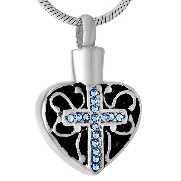 

wholesale memorial cross necklace with rhinestone stainless steel heart urn necklace for ashes memorial keepsakes ashe jewelry, Silver