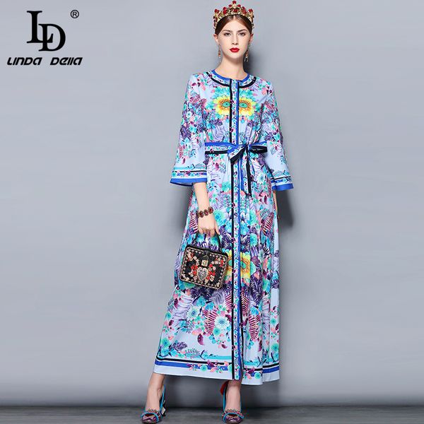 

ld linda della autumn fashion runway maxi dress plus size women's 3/4 sleeve vintage floral print loose belt party long dress, Black;gray