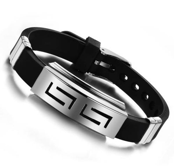 

charm fashion silicone rubber silver slippy hollow strip grain stainless steel men bracelet bangle wristbands black pulsera, Golden;silver