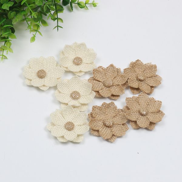 Handmade Burlap Lace Flowers Burlap Rose With Pearl For Diy