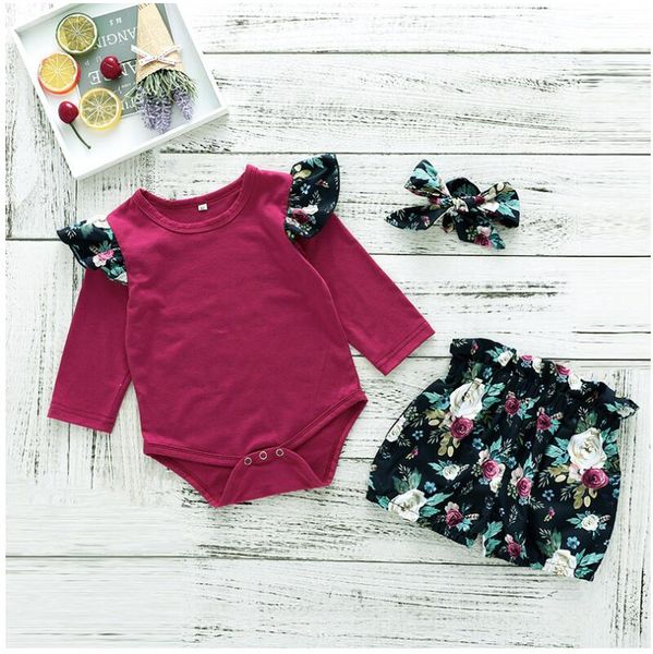 

girl flying sleeve rompers and rose print short pants set three pieces baby spring and autumn long sleeve jumpsuit and pants suit zht 120, White