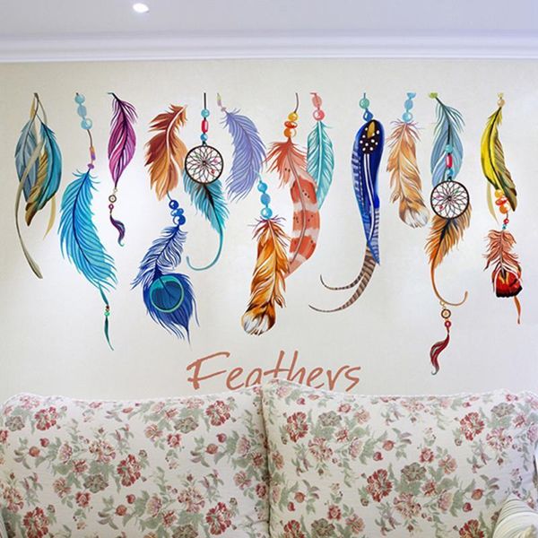 

creative background colourful feather wall stickers living room decor good luck removable diy mural