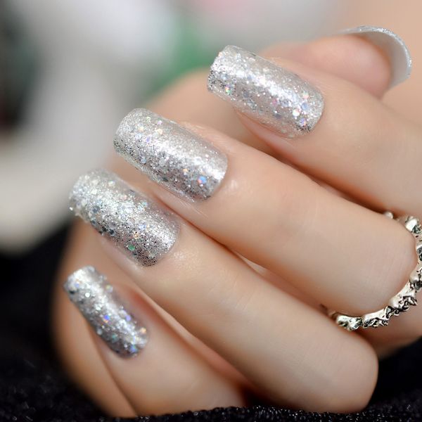 

24pcs glitter silver square medium fake nails art laser pre-designed full cover artificial acrylic unique nails tips, Red;gold