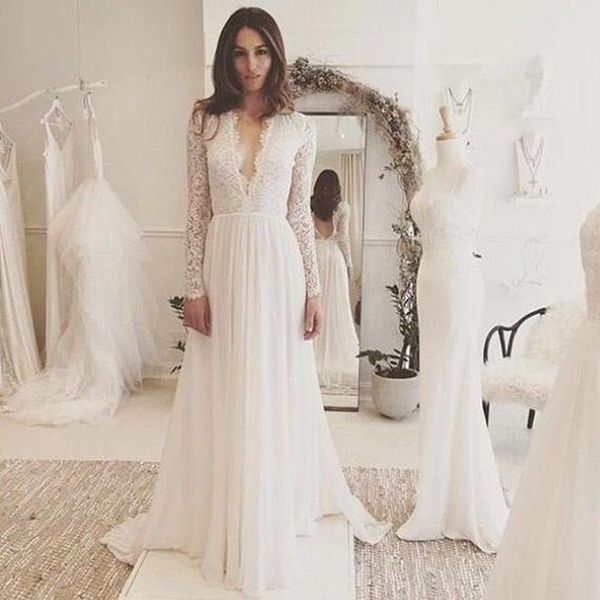 

elegant v-neck long sleeve beach wedding dresses appliques lace backless long boho wedding dress vestido de novia, White