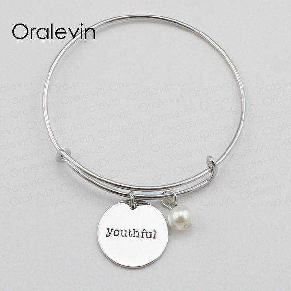 

youthful inspirational hand stamped engraved custom pendant expandable wire bracelet gift jewelry,10pcs/lot, #ln1987b, Black