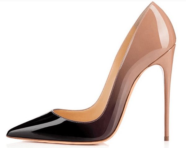 

gradient color shallow mouth party pumps high heels shoes red bottom lady pointed toe leather 12cm stiletto heel pumps big size 34-46, Black