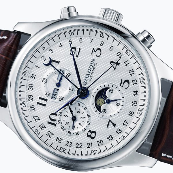 

mens mechanical watches mens watches date week moon phase watch men leather waterproof automatic watch clock, Slivery;brown