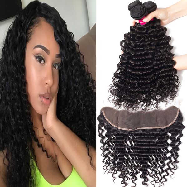 

9a brazilian human hair bundles with closure deep wave kinky curly loose wave straight body wave 3bundles with 13x4 ear to ear lace frontal, Black