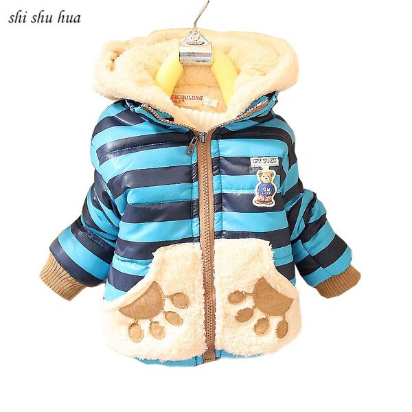 

baby boy clothes clothes children's wear winter cartoon bear baby cotton coat warm thick striped hooded warm coat sale, Blue;gray