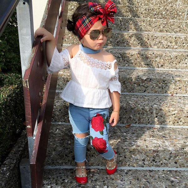 

kids summer children clothing girls clothes set white strapless hollow out t-shirt + hole rose jeans baby girls clothing set 2pcs set