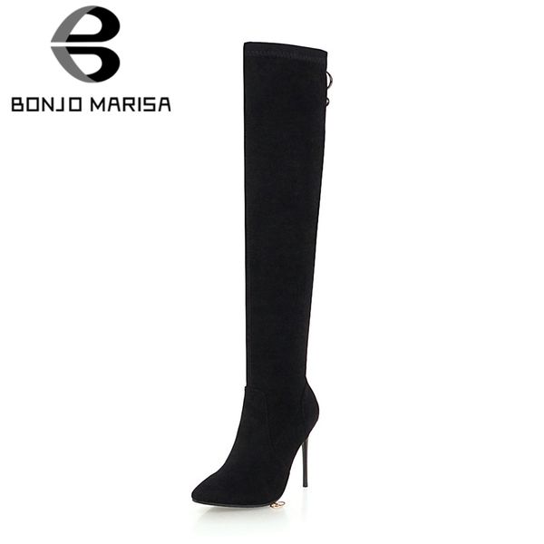 

bonjomarisa 2018 winter plus size 33-46 suede slip-on over knee thigh high boots women pointed toe party shoes woman, Black