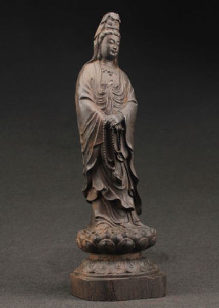 porcellana SUPERB GRANDE LAVORO DECORATO VECCHIO LEGNO EBANO SCOLPITO KWAN-YIN SUPERBA STATUA