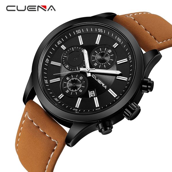 

cuena fashion male clock mens watches quartz watch leather calendar waterproof wristwatches relogio masculino, Slivery;brown