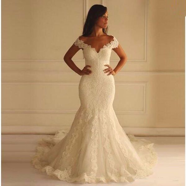 

2018 Cap Sleeve V-neck Lace Mermaid Wedding Dresses Chapel Train Zipper Back Tulle Bridal Wedding Gowns Wedding Dress