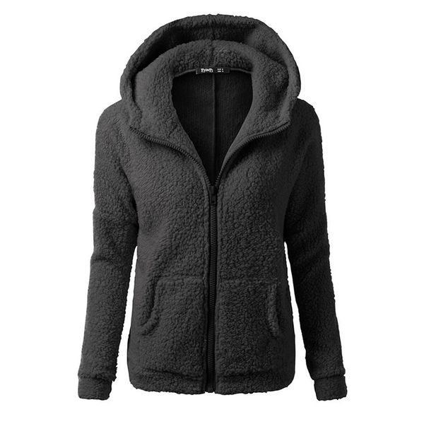 

women fleece hoodies autumn winter hooded long sleeve zipper thicken coat outwear sudaderas jacket sweatshirts lady, Black