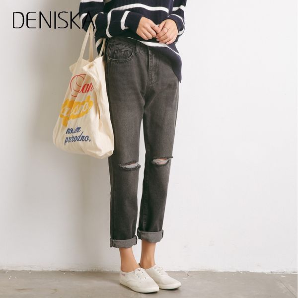 

deniska 2018 new women hole jeans ripped cotton slim vintage high waist denim jeans boyfriend cuffs for women harem pant, Blue