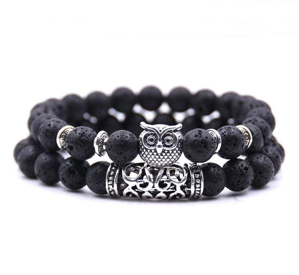

2pcs/set new owl lava natural stone beaded mens bracelet jewelry set charm bangles, Black